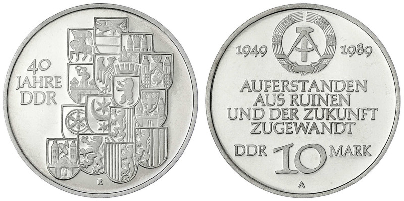 Gedenkmünzen der DDR
10 Mark 1989 A, 40 Jahre DDR. Polierte Platte, offen in Ka...