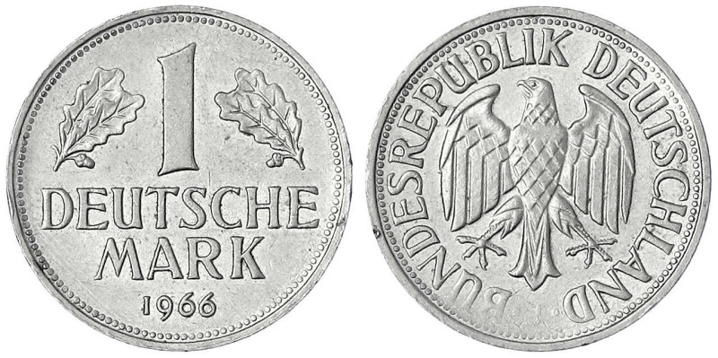 Bundesrepublik Deutschland
1 Mark 1966 (?). Aufgrund von Prägeschwäche ohne Prä...