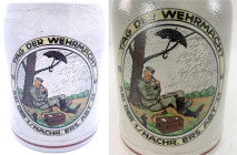 Sonstige militär. Gegenstände
Drittes Reich: Bierhumpen 1/2 Liter 1944, Tag der Wehrmacht bei der 1./Nachr. Ers. Abt. 33 (Koblenz). Höhe 12,2 cm.