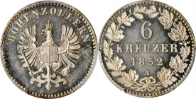 German States Hohenzollern-Prussia 6 Kreuzer 1852 A PROOF PCGS PR64CAM
KM# 3; Friedrich Wilhelm IV. Prussia rule. Berlin Mint. Silver, Proof. Rare.