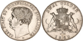 German States Hohenzollern-Sigmaringen 2 Gulden 1848 D Rare
KM# 24, N# 93633; Silver; Karl; Mintage 6'905; XF/XF+