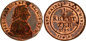 German States Mainz 1/4 Kreuzer 1795 IA
KM# 402, N# 65262; Friedrich Karl Joseph von Erthal; UNC with mint luster, exceptional condition for this coi...
