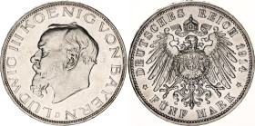 Germany - Empire Bavaria 5 Mark 1914 D
KM# 1007, J. 53, N# 34840; Silver; Ludwig III; Munich Mint. Proof.