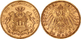 Germany - Empire Hamburg 20 Mark 1913 J
KM# 618, J. 212, N# 20495; Gold (.900) 7.97 g.; Hamburg Mint; UNC