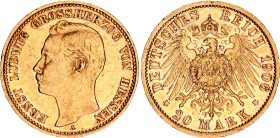 Germany - Empire Hessen 20 Mark 1906 A
KM# 374, J# 226; N# 31327; Ernst Ludwig, Mintage 85000; Gold (.900), 7.96g. AUNC, mint luster