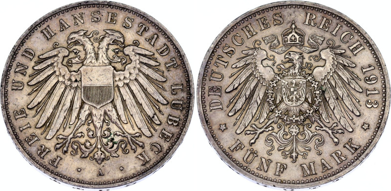 Germany - Empire Lubeck 5 Mark 1913 A
KM# 213, J. 83, N# 20423; Silver; Mintage...