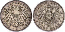 Germany - Empire Lubeck 5 Mark 1913 A
KM# 213, J. 83, N# 20423; Silver; Mintage 6000 pcs; AUNC, dark original patina.