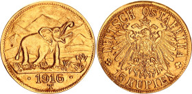German East Africa 15 Rupee 1916 T
KM# 16.2, N# 21867; Gold (.750) 7.02 g.; Tabora Emergency Coinage; XF