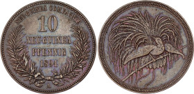 German New Guinea 10 Pfennig 1894 A Berlin
KM# 3, J# 703, N# 21762; Copper; Wilhelm II (1888-1918); Bird of Paradise; mint luster; violet patina; AUN...