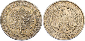 Germany - Weimar Republic 5 Reichsmark 1931 D
KM# 56, N# 15888; Silver; UNC with nice golden toning