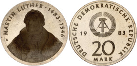 Germany - DDR 20 Mark 1983 A Martin Luther Proof
KM# 94, N# 43366; Silver., Proof; 500th Anniversary of Birth of Martin Luther. Mintage 5500 Only; In...