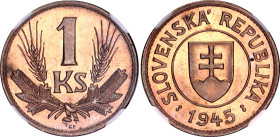 Slovakia 1 Koruna 1945 NGC MS 65
KM# 6, Schön# 5, N# 3997; Copper-nickel; UNC