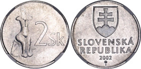 Slovakia 2 Koruna 2002 Off Metal Error NGC MS 66
KM# 13, Schön# 6, N# 2485; Aluminum; UNC