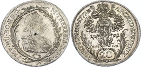 Bohemia 20 Kreuzer 1777 EvS IK
KM# 800, N# 22117; Silver; Maria Theresia: Mint Prague; AUNC, mint luster, Scratches on face lef from flan defect