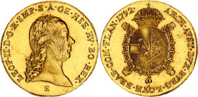 Austrian Netherlands 1 Souverain 1792 E Karlsburg RRR
KM# 43; Her# 15; N# 26308; Gold (.919) 11.11 g.; Leopold II; Mint: Karlsburg; AUNC, mint luster...