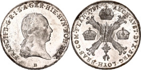 Austrian Netherlands 1/4 Kronentaler 1797 B
KM# 60; Silver 7.34 g.; Franz II; Mint: Kremnitz; UNC, full mint luster. Very rare condition.
