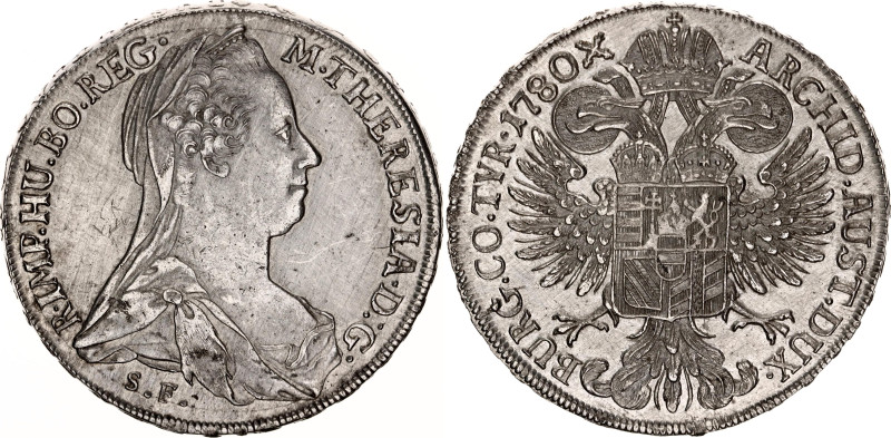 Austria 1 Taler 1780 SF
KM# 22, N# 33736; Silver; Maria Theresia; UNC with hair...