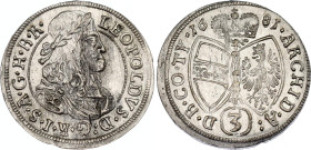 Austria 3 Kreuzer 1681
KM# 1245, N# 24765; Silver; Leopold I; Mint Hall, Tyrol; UNC