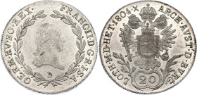 Austria 20 Kreuzer 1804 B
KM# 2139, N# 22610; Silver; Francis II; UNC, with full luster.