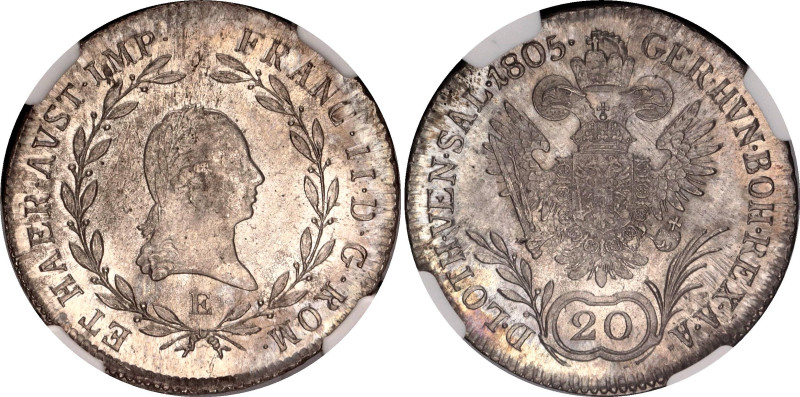 Austria 20 Kreuzer 1805 E NGC MS 64
KM# 2140, N# 7076; Silver; Francis II; UNC....