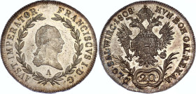 Austria 20 Kreuzer 1808 A
KM# 2141, N# 18835; Silver; Francis I of Austria; AUNC/UNC with nice toning and full mint luster.