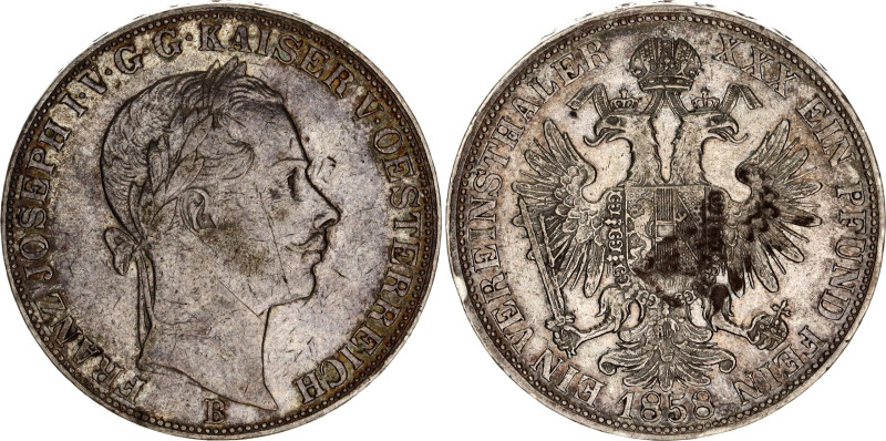 Austria 1 Vereinsthaler 1858 B
KM# 2244, N# 27536; Silver; Franz Joseph I; XF-,...