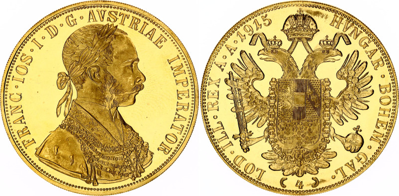 Austria 4 Ducat 1915 Restrike
KM# 2276; Franz Joseph I. Gold (.986) 13.96 g. Pr...