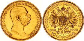 Austria 10 Corona 1908
KM# 2810, N# 33243; Gold (.900) 3.39 g., 18.95 mm.; 60th Anniversary of the Reign of Franz Joseph I; UNC- with minor hairlines