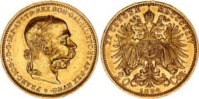 Austria 20 Corona 1894
KM# 2806, N# 14747; Gold (.900) 6.78 g., 21 mm.; AUNC with minor hairlines