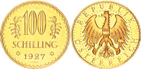 Austria 100 Schilling 1927
KM# 2842, Fr# 520, N# 15149; Gold (.900) 23.52 g.; Vienna Mint; Mintage 68'746; UNC Prooflike