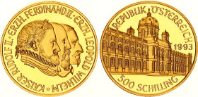 Austria 500 Schilling 1993
KM# 3012, Fr# 919, N# 58100; Gold (.986) 8.11 g.; Kunsthistorisches Museum Vienna; Vienna Mint; Mintage 50'000; Proof