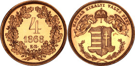 Hungary 4 Krajczar 1868 KB Gold Restrike PCGS PL67
KM# TS16, N# 312696; Gold (.900) 25.69 g.; Franz Joseph I