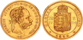 Hungary 20 Francs / 8 Forint 1876 KB
KM# 455.1, ÉH# 1453.a, H# 2115, Adamo# M23, N# 7498; Gold (.900) 6.45 g.; Franz Joseph I; Kremnitz Mint; AUNC