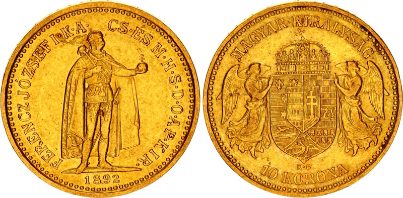 Hungary 10 Korona 1892 KB
KM# 485, N# 10813; Gold (.900) 3.38 g., 19 mm.; Franz...