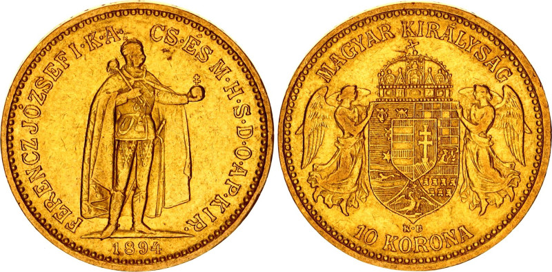 Hungary 10 Korona 1894 KB
KM# 485, N# 10813; Gold (.900) 3.38 g., 19 mm.; Franz...