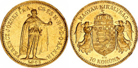 Hungary 10 Korona 1905 KB
KM# 485, N# 10813; Gold., 3.38 g.; Franz Joseph I; Mint: Kremnitz; Mintage 868,624; aUNC.