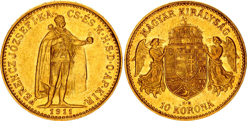 Hungary 10 Korona 1911 KB
KM# 485, N# 10813; Gold (.900) 3.38 g., 19 mm.; Franz...