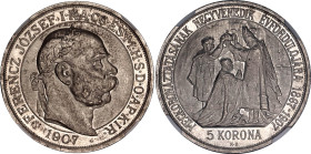 Hungary 5 Korona 1907 KB Restrike NGC PF 65
KM# 489, ÉH# 1493, H# 2214, Adamo# K7.1, N# 15759; Silver, Proof; Franz Joseph I; 40th Anniversary of the...