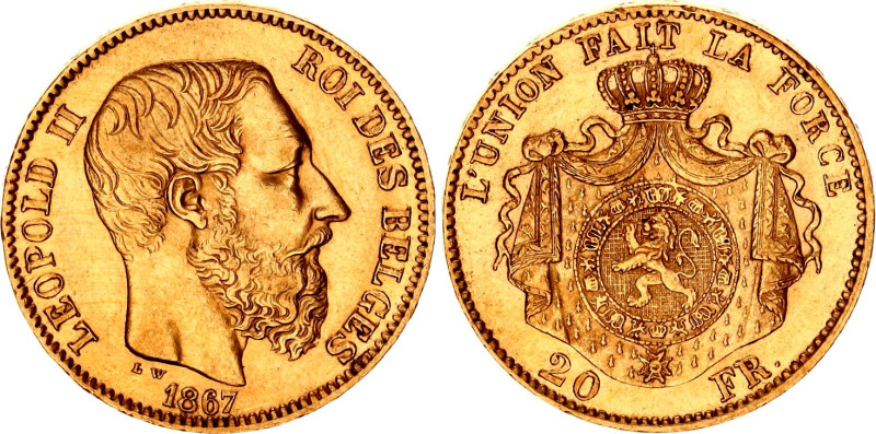 Belgium 20 Francs 1867
KM# 32, N# 13801; Heavy coarser beard; Gold (.900) 6.45 ...