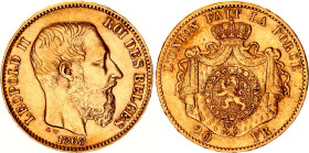 Belgium 20 Francs 1868
KM# 32, N# 13801; Heavy coarser beard; Gold (.900) 6.45 g., 21 mm.; Leopold II; XF+, worn die