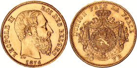 Belgium 20 Francs 1874
KM# 32, N# 13801; Heavy coarser beard; Gold (.900) 6.45 g., 21 mm.; Leopold II; AUNC/UNC with minor hairlines