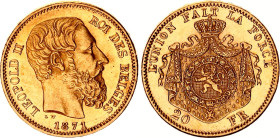 Belgium 20 Francs 1871
KM# 37, N# 7499; Finer beard; Gold (.900) 6.45 g., 21 mm.; Leopold II; UNC