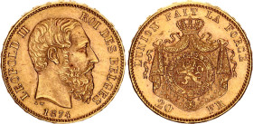 Belgium 20 Francs 1874
KM# 37, N# 7499; Gold (.900) 6.45 g.; Léopold II; Brussels Mint; AUNC