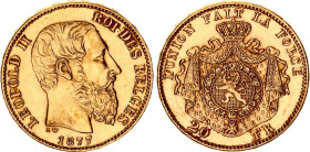 Belgium 20 Francs 1877
KM# 37, N# 7499; Finer beard; Gold (.900) 6.45 g., 21 mm.; Leopold II; XF+