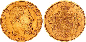 Belgium 20 Francs 1878
KM# 37, N# 7499; Finer beard; Gold (.900) 6.45 g., 21 mm.; Leopold II; UNC