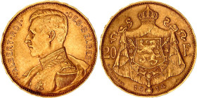 Belgium 20 Francs 1914
KM# 78, N# 11104; French text; Gold (.900) 6.45 g., 21 mm.; Albert I; UNC-
