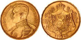 Belgium 20 Francs 1914
KM# 79, N# 19913; Dutch text; Gold (.900) 6.45 g., 21 mm.; Albert I; UNC-