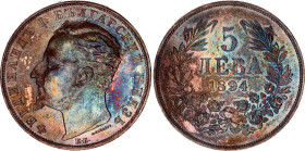 Bulgaria 5 Leva 1894 KB
KM# 18, N# 17712; Silver; Ferdinand I; Kremnitz Mint; UNC with nice toning.