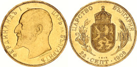Bulgaria 20 Leva 1912
KM# 33, N# 60440; Gold (.900) 6.45 g., 21 mm.; Ferdinand I; Declaration of Independence; Vienna Mint; Mintage 75000 pcs; UNC wi...