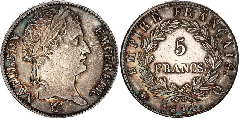 France 5 Francs 1814 Q
KM# 694.12, F# 307, Gad# 584, N# 2108; Silver; Napoleon ...